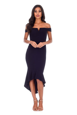 Navy Bardot Fishtail Midi Dress