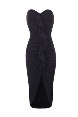 Navy Bardot Frill Detail Midi Dress
