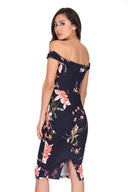 Navy Bardot Notch Front Floral Midi dress