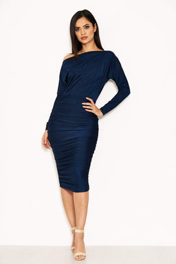 Navy Boat Neck Dress With Ruched Detail
