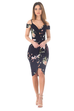 Navy Bodycon Printed Wrap Dress