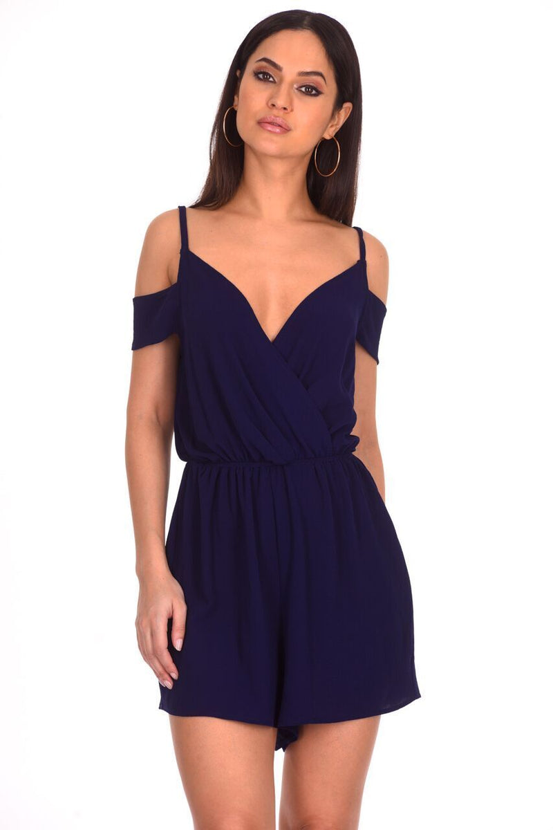 Navy Cold Shoulder Wrap Front Playsuit