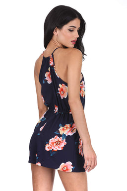 Navy Contrast Floral High Neck Playsuit