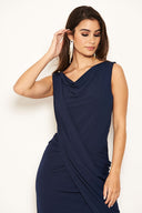 Navy Cowl Neck Ruched Maxi Dress