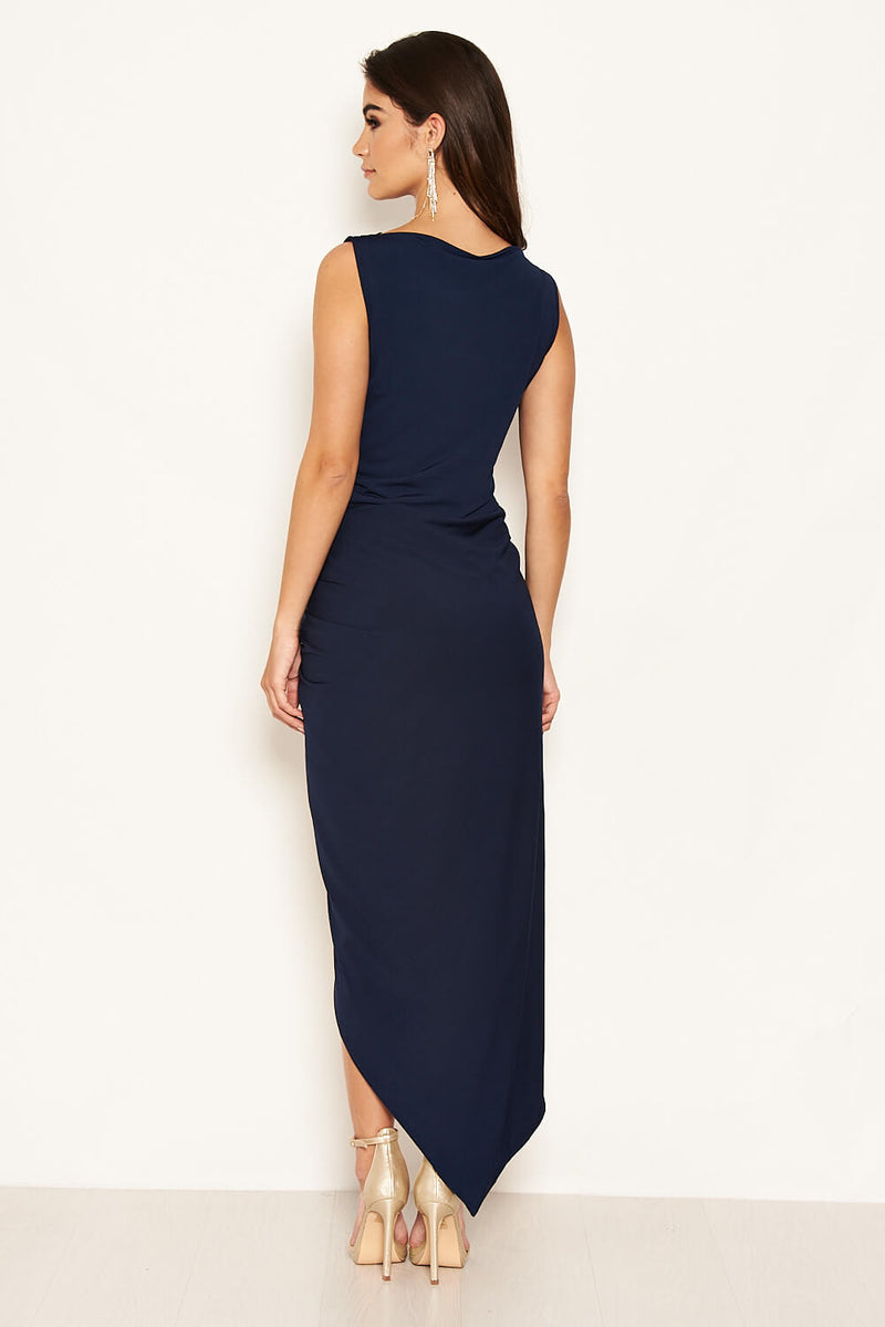 Navy Cowl Neck Ruched Maxi Dress