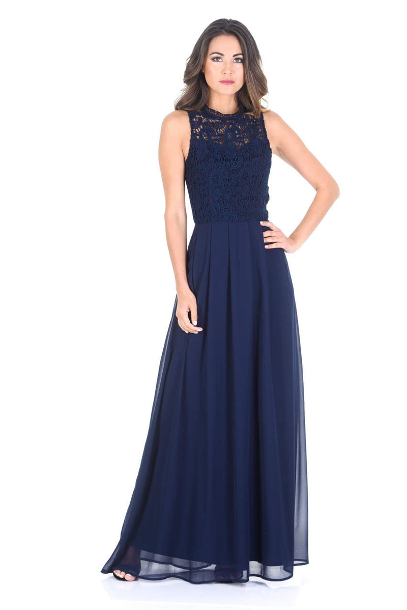 Navy Crochet Top Chiffon Maxi Dress