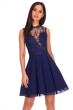 Navy Embroidered Lace Skater Dress