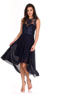 Navy Embroidered Mesh Dipped Hem Dress