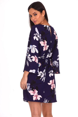 Navy Flared Sleeved Floral Shift Dress