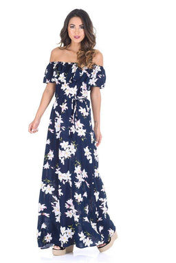 Navy Floral Bardot Printed Maxi Dress