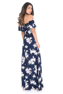 Navy Floral Bardot Printed Maxi Dress