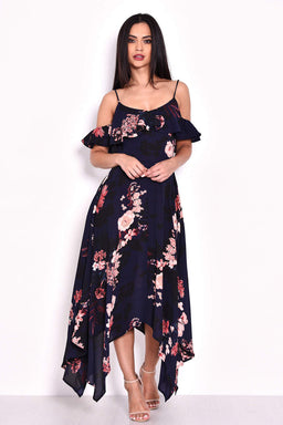 Navy Floral Cold Shoulder Maxi Dress