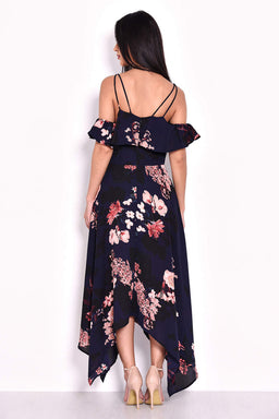 Navy Floral Cold Shoulder Maxi Dress