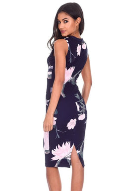 Navy Floral Crochet Detail Midi Dress