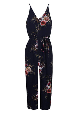 Navy Floral Culotte V Neck Jumpsuit