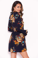 Navy Floral Long Sleeved Frill Detail Dress