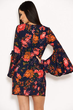 Navy Floral Dress With Statement Sleeves