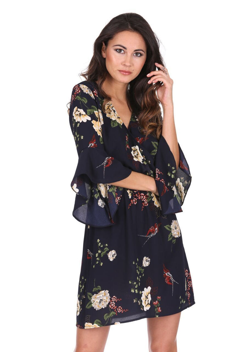 Navy Floral Elasticated Waist Dress