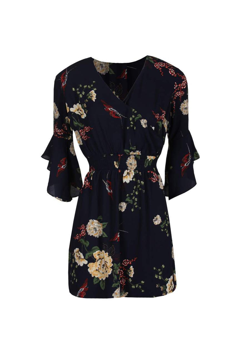 Navy Floral Elasticated Waist Dress