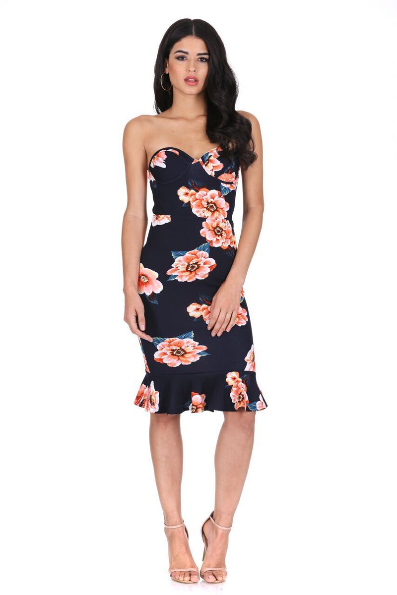 Navy Floral Frill Hem Bandeau Dress