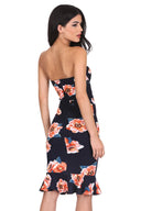 Navy Floral Frill Hem Bandeau Dress