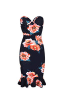 Navy Floral Frill Hem Bandeau Dress