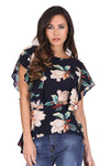 Navy Bold Floral Frill Detail Top