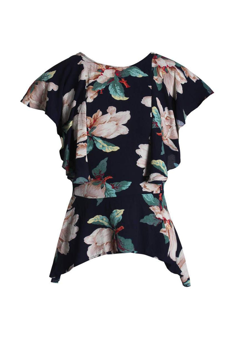 Navy Bold Floral Frill Detail Top