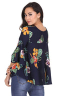 Navy Floral Flared Sleeve Top