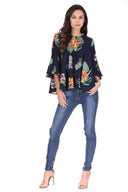 Navy Floral Flared Sleeve Top