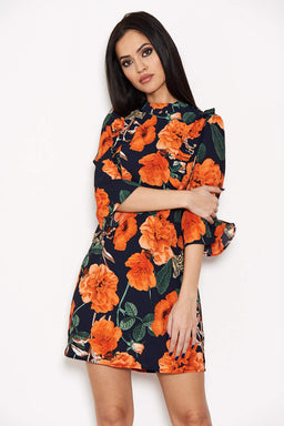 Navy Floral Frill Front Dress