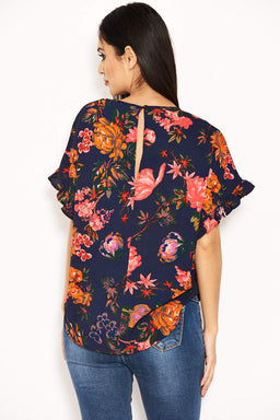 Navy Floral Frill Sleeved Top
