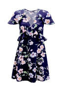 Navy Floral Frill V Neck Dress