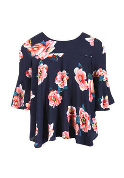 Navy Floral Frilled Sleeved Top