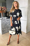 Navy Floral Gathered Frill Midi Dress