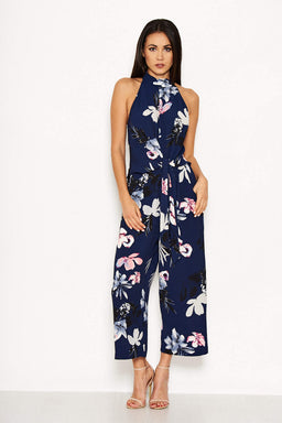 Navy Floral High Neck Print Jumpsuit With Tie Front