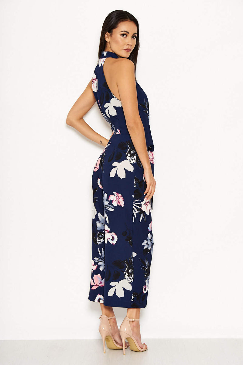 Navy Floral High Neck Print Jumpsuit With Tie Front