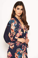 Navy Floral Kimono Sleeve Maxi Dress