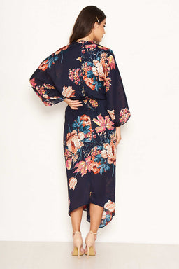 Navy Floral Kimono Sleeve Maxi Dress