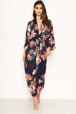 Navy Floral Kimono Sleeve Maxi Dress