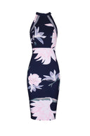 Navy Floral Mesh Detail Bodycon Midi Dress