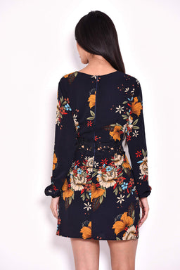 Navy Floral Mini Dress With Crochet Waist