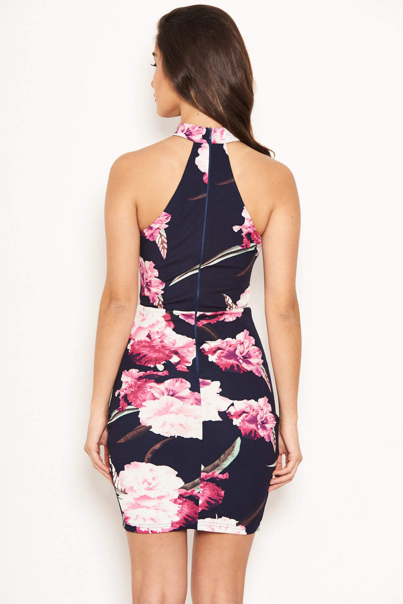 Navy Floral Mini Dress With Ruched Detail