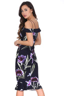 Navy Floral Off The Shoulder Midi Fishtail Dress