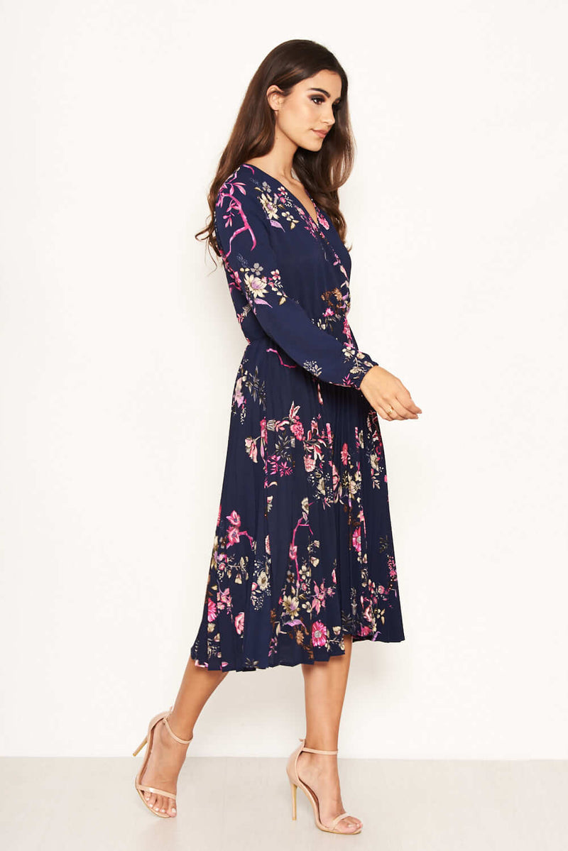Navy Floral Pleated Dress