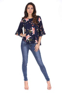 Navy Floral Print Flared Blouse