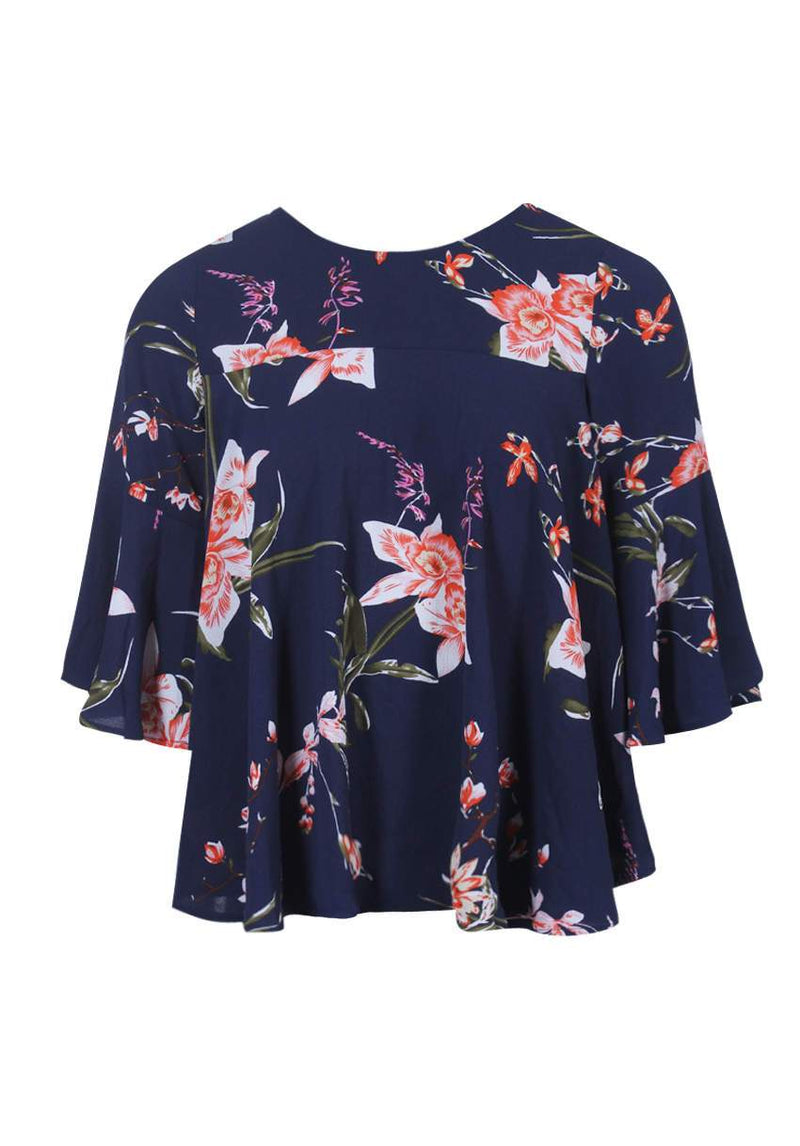 Navy Floral Print Flared Blouse