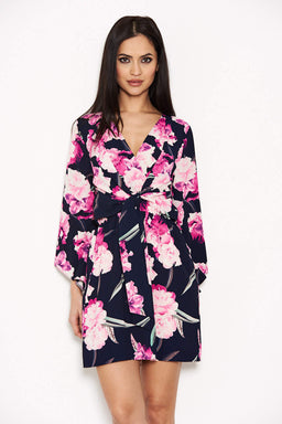 Navy Floral Print Wrap-Style Dress