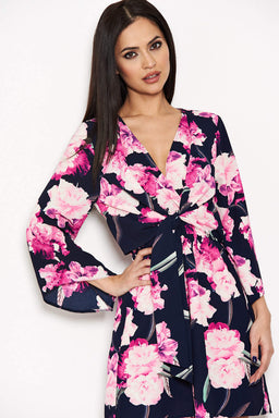 Navy Floral Print Wrap-Style Dress