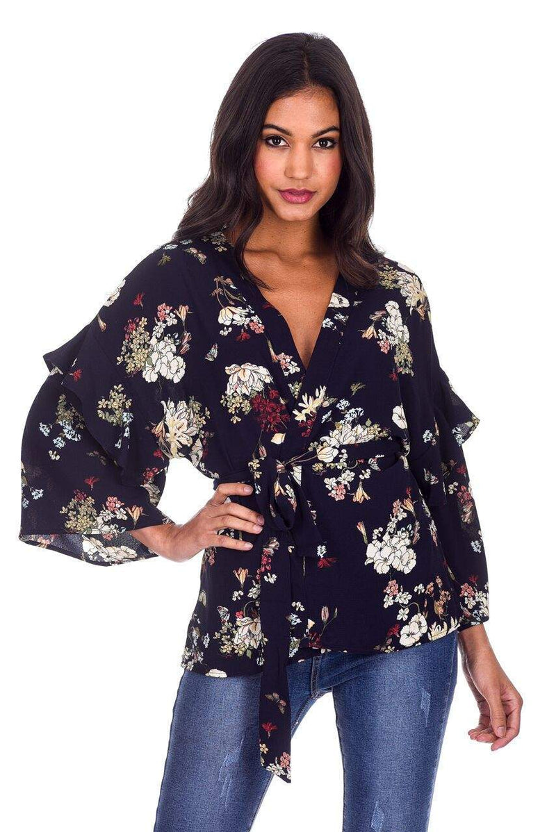 Navy Floral Print Wrap Top